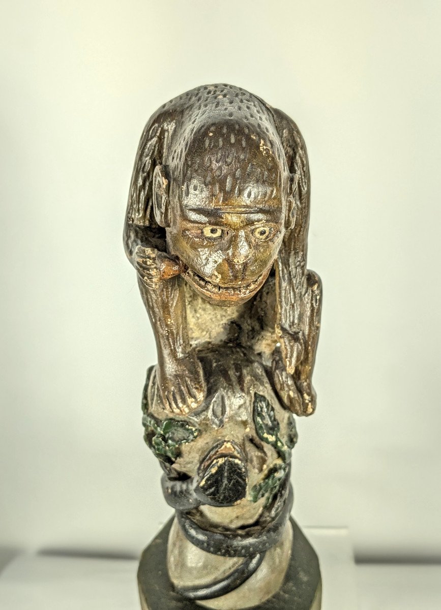 Grimacing Monkey - Folk Art Late 19th Century Carved Wood-photo-4