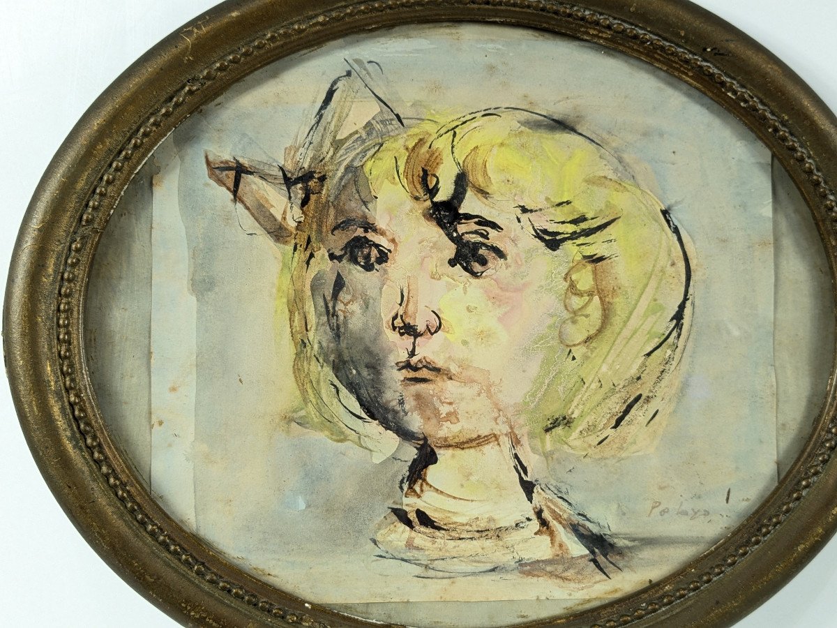 Orlando Pelayo 1920-90 - Face Of A Young Girl - School Of Paris - Gouache 1950s-60s-photo-2