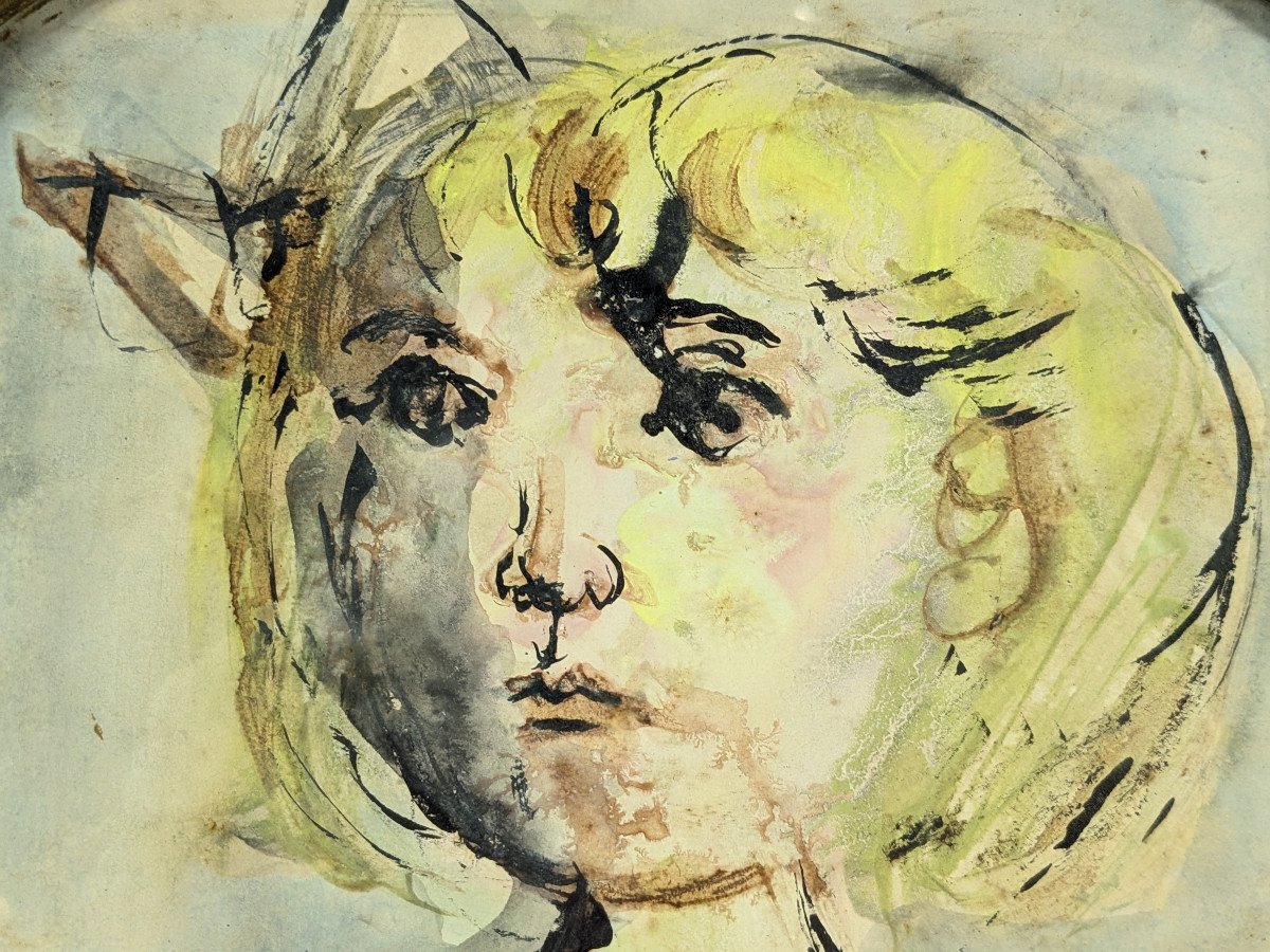 Orlando Pelayo 1920-90 - Face Of A Young Girl - School Of Paris - Gouache 1950s-60s-photo-4