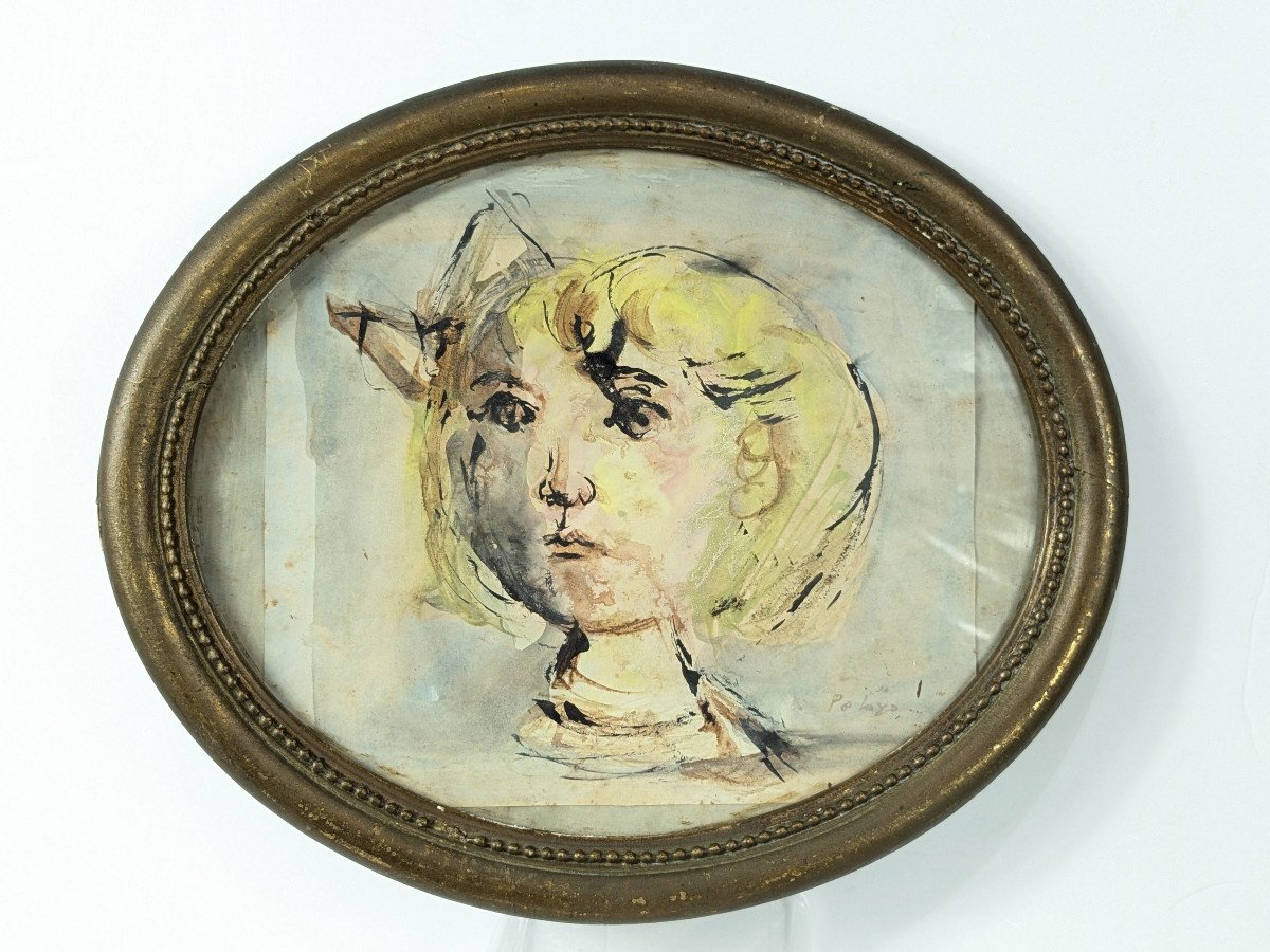 Orlando Pelayo 1920-90 - Face Of A Young Girl - School Of Paris - Gouache 1950s-60s