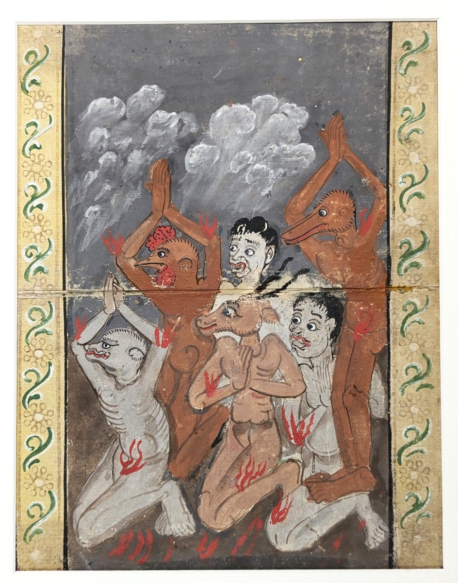 Monk Phra Malai Preaching To The Damned In Hell - Two 19th Century Gouaches - Thailand-photo-2