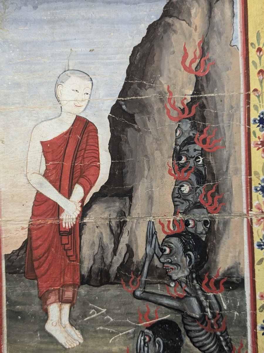 Monk Phra Malai Preaching To The Damned In Hell - Two 19th Century Gouaches - Thailand-photo-3