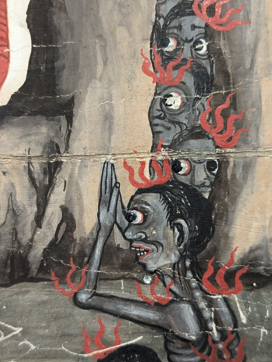 Monk Phra Malai Preaching To The Damned In Hell - Two 19th Century Gouaches - Thailand-photo-3