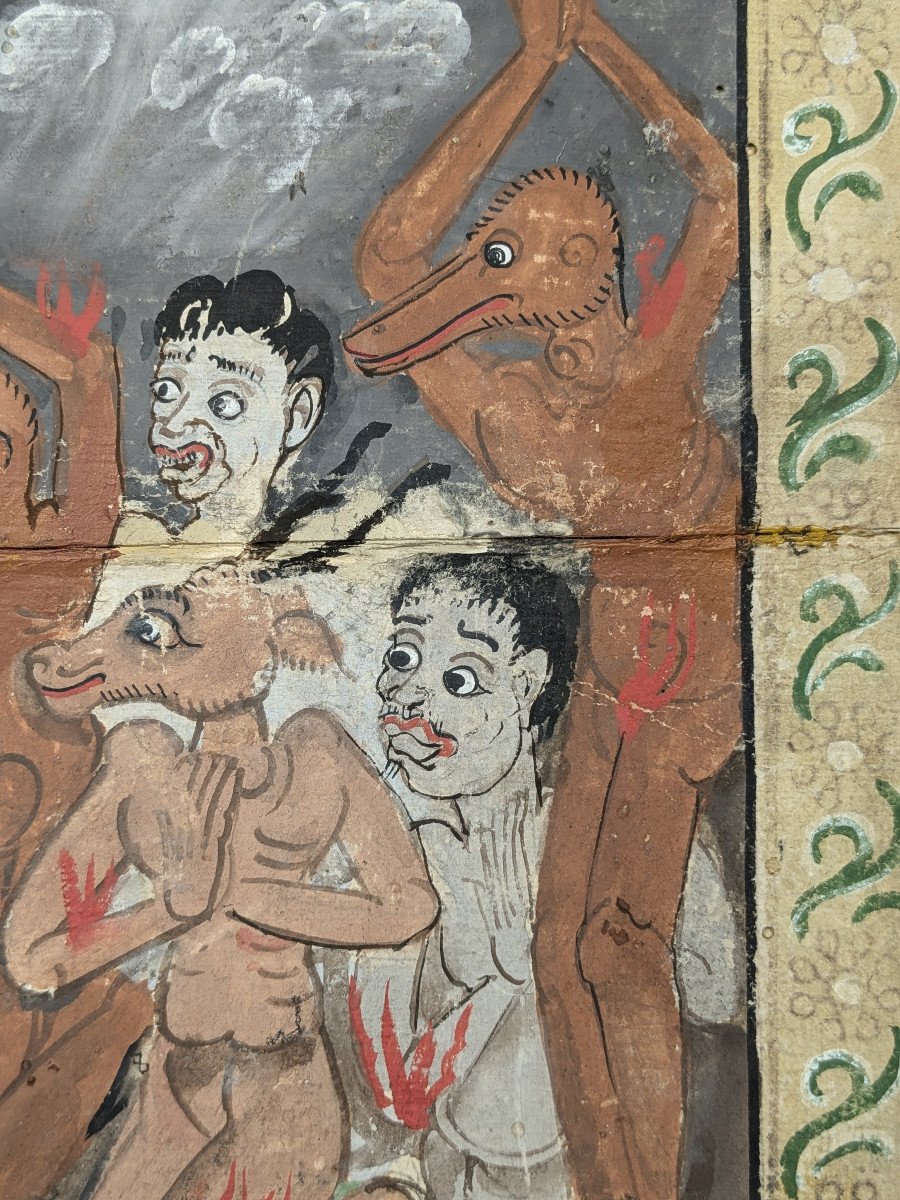 Monk Phra Malai Preaching To The Damned In Hell - Two 19th Century Gouaches - Thailand-photo-5