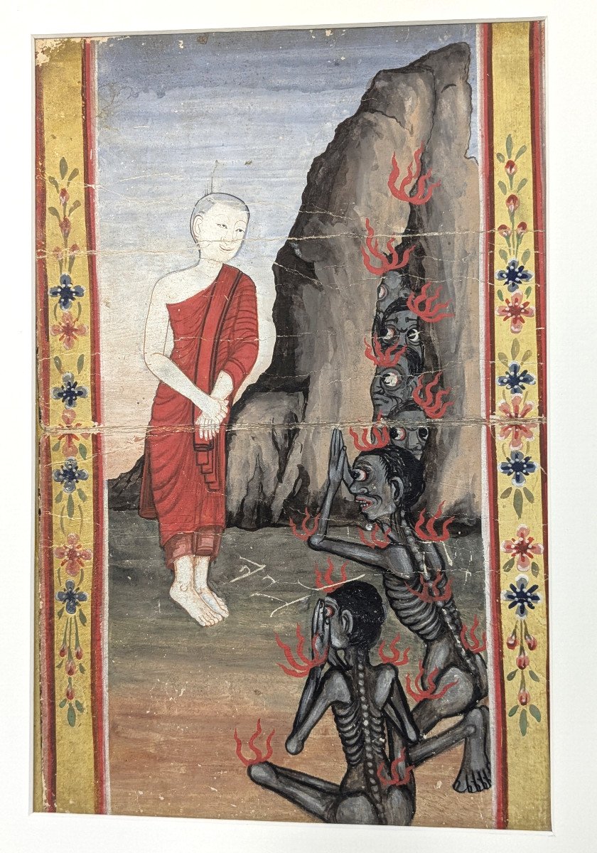 Monk Phra Malai Preaching To The Damned In Hell - Two 19th Century Gouaches - Thailand