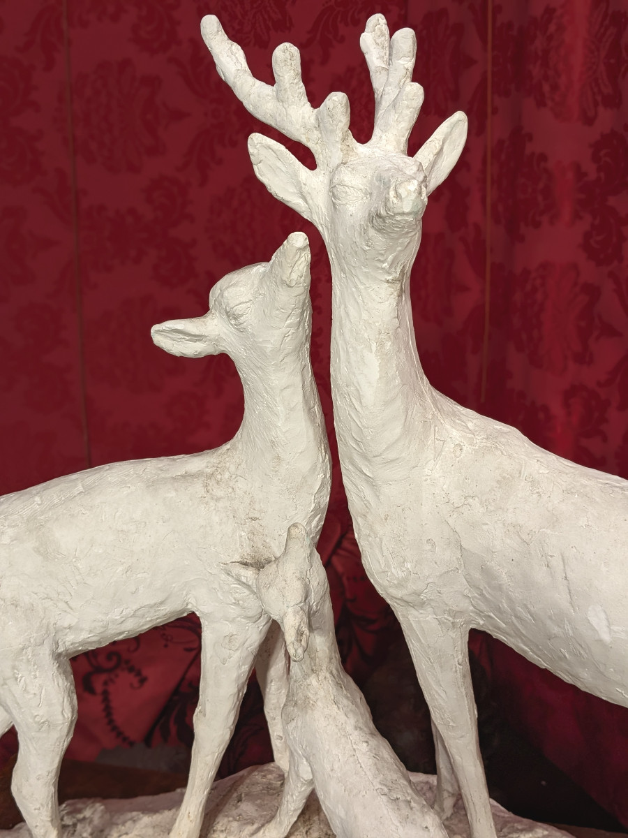 Biche, cerf et faon, plâtre d'atelier H 78 cm - circa 1930-50-photo-3