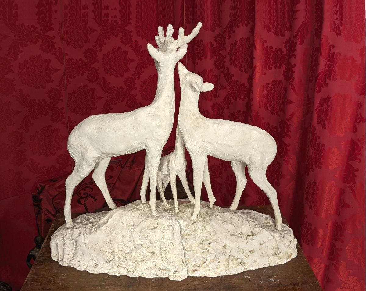 Biche, cerf et faon, plâtre d'atelier H 78 cm - circa 1930-50-photo-4