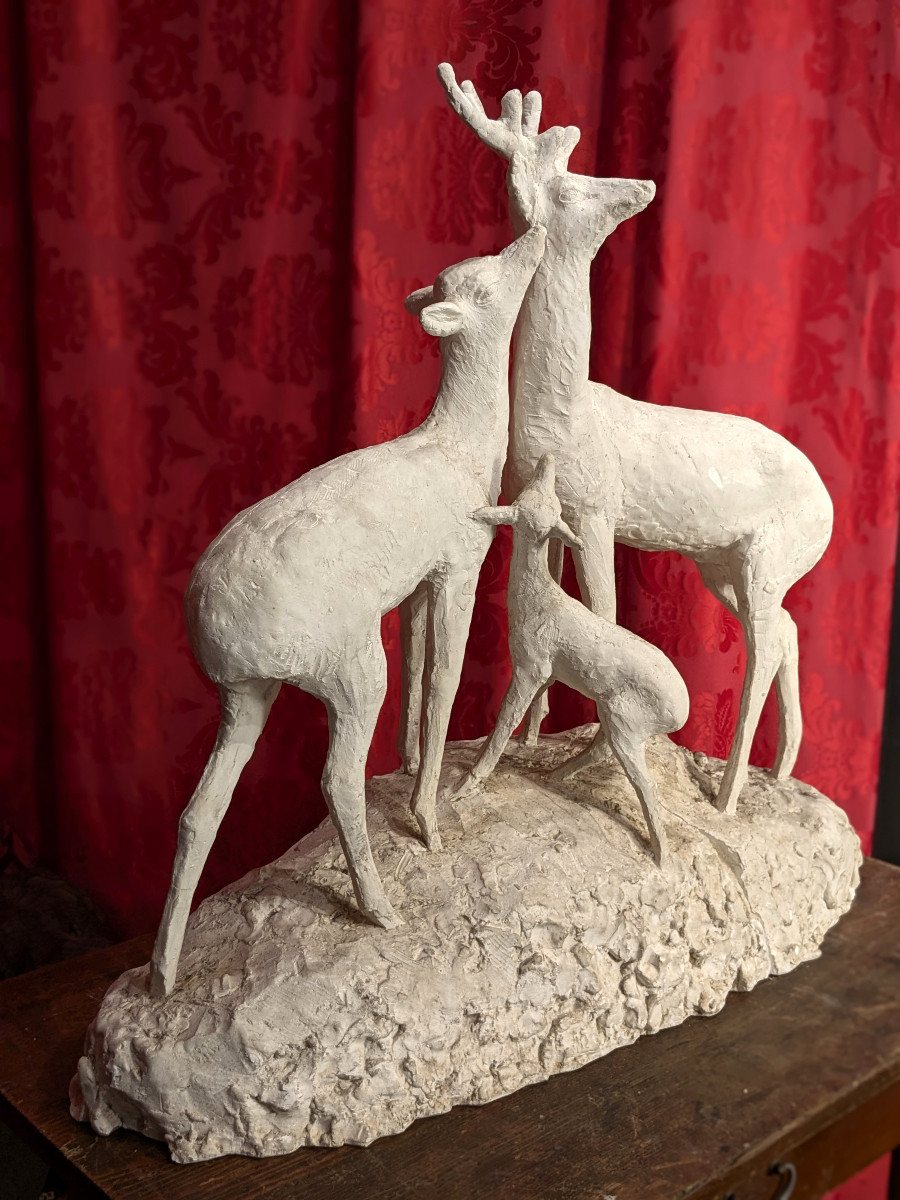 Biche, cerf et faon, plâtre d'atelier H 78 cm - circa 1930-50-photo-2