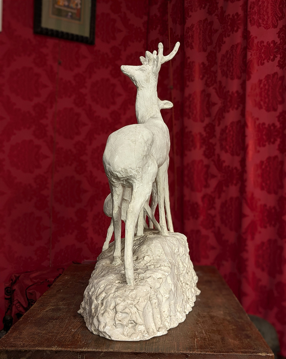 Biche, cerf et faon, plâtre d'atelier H 78 cm - circa 1930-50-photo-3