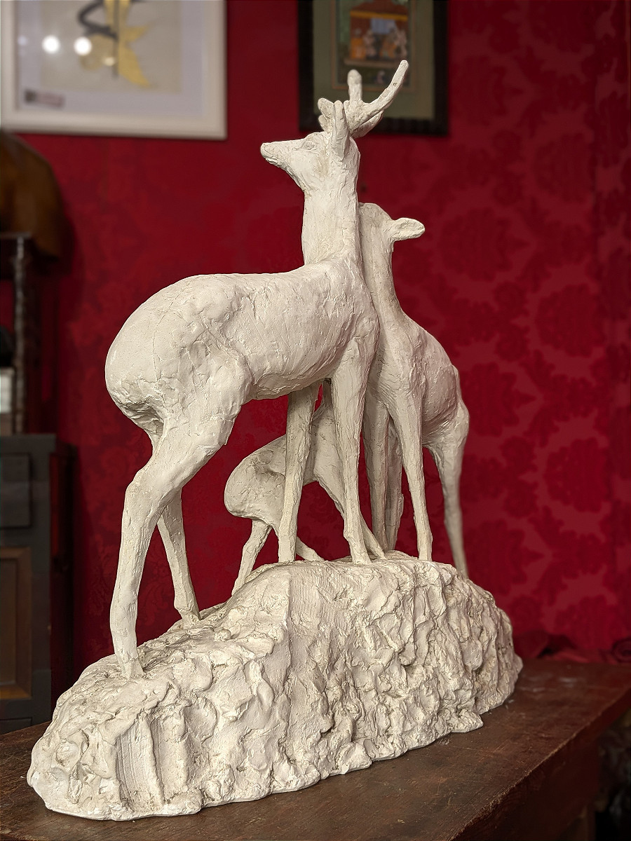 Biche, cerf et faon, plâtre d'atelier H 78 cm - circa 1930-50-photo-4