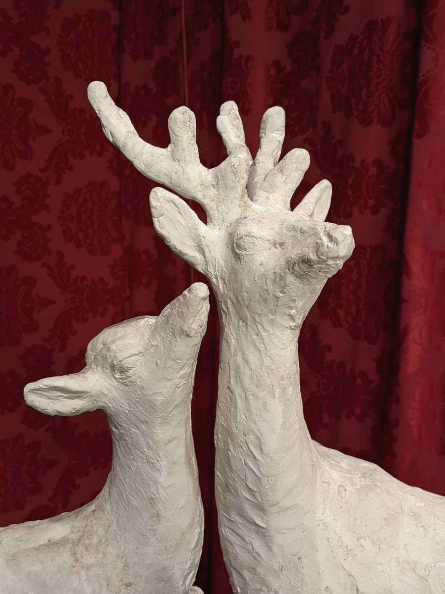 Biche, cerf et faon, plâtre d'atelier H 78 cm - circa 1930-50-photo-6