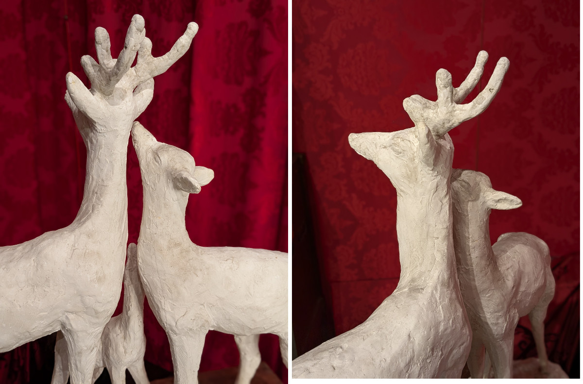 Biche, cerf et faon, plâtre d'atelier H 78 cm - circa 1930-50-photo-7