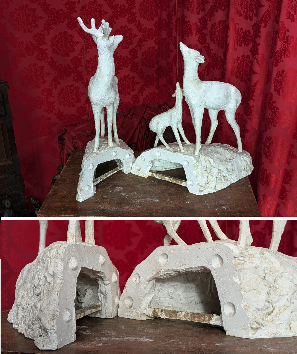 Biche, cerf et faon, plâtre d'atelier H 78 cm - circa 1930-50-photo-8