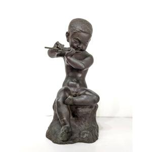 Child Playing The Flute - Bronze Circa 1930-50 By Ariichi Yamahata Japan