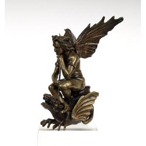 Satan sur un dragon - diable bronze circa 1850