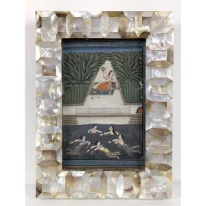 Miniature India - Lovers And Bathers Late 19th Century - Mother-of-pearl Frame -