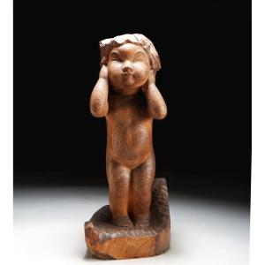 A Rascal - Carved Wooden Putto - S. Hasegawa 1909-2012