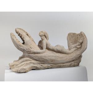 Nymph On A Dolphin - Terracotta Circa 1980 - Angela Cassanello 1921-2003