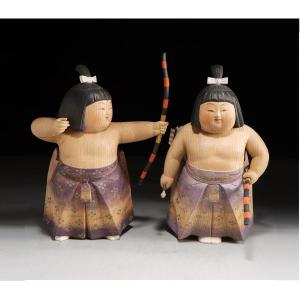 Archers Sumo Children (kudyo) - Carved Wood Circa 1970-80  #667