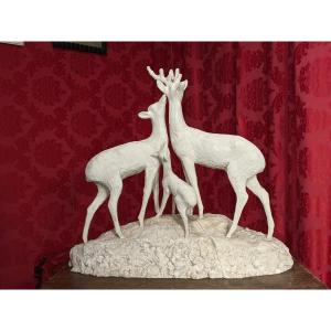 Biche, cerf et faon, plâtre d'atelier H 78 cm - circa 1930-50