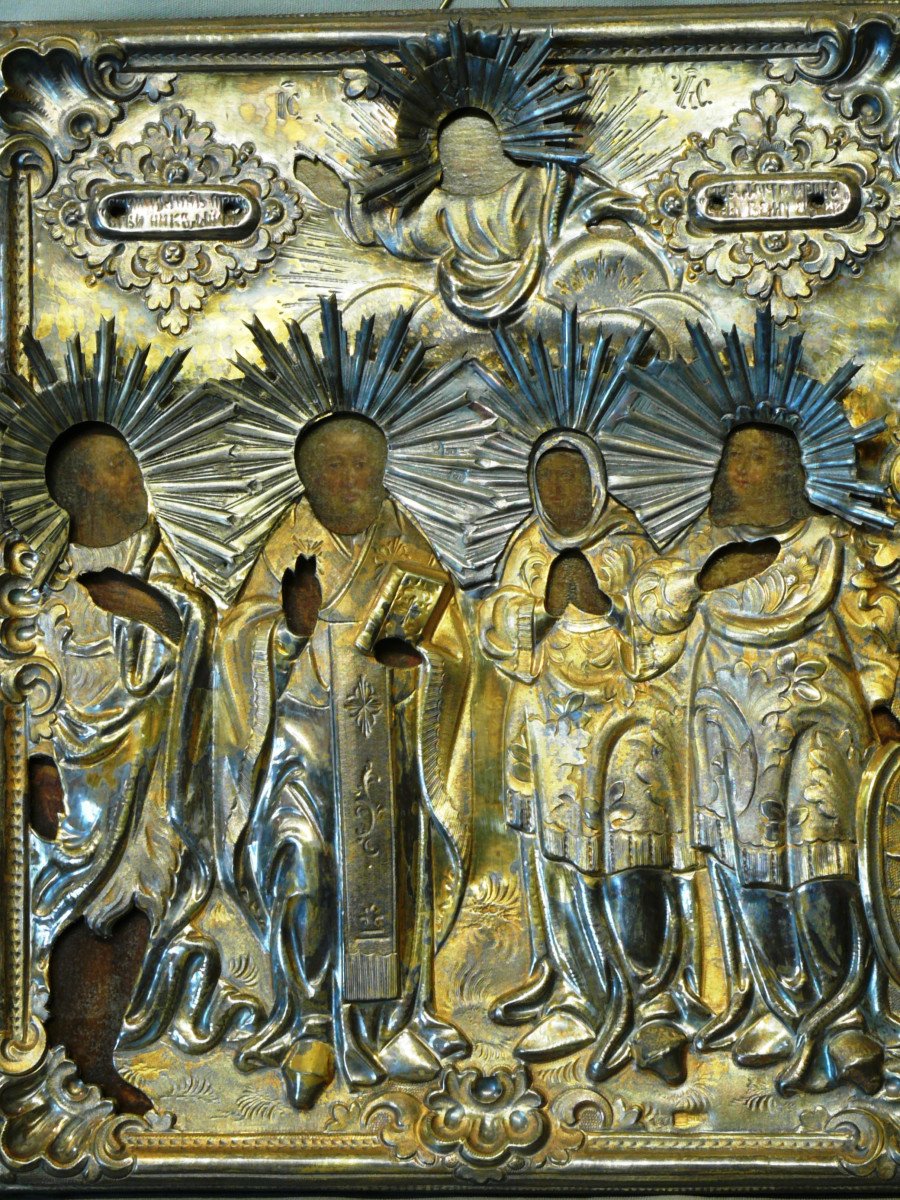 Rare Icône Russe XIX°  'christ Et Quatre Saints' Avec Superbe Riza En Argent Vermeille-photo-2