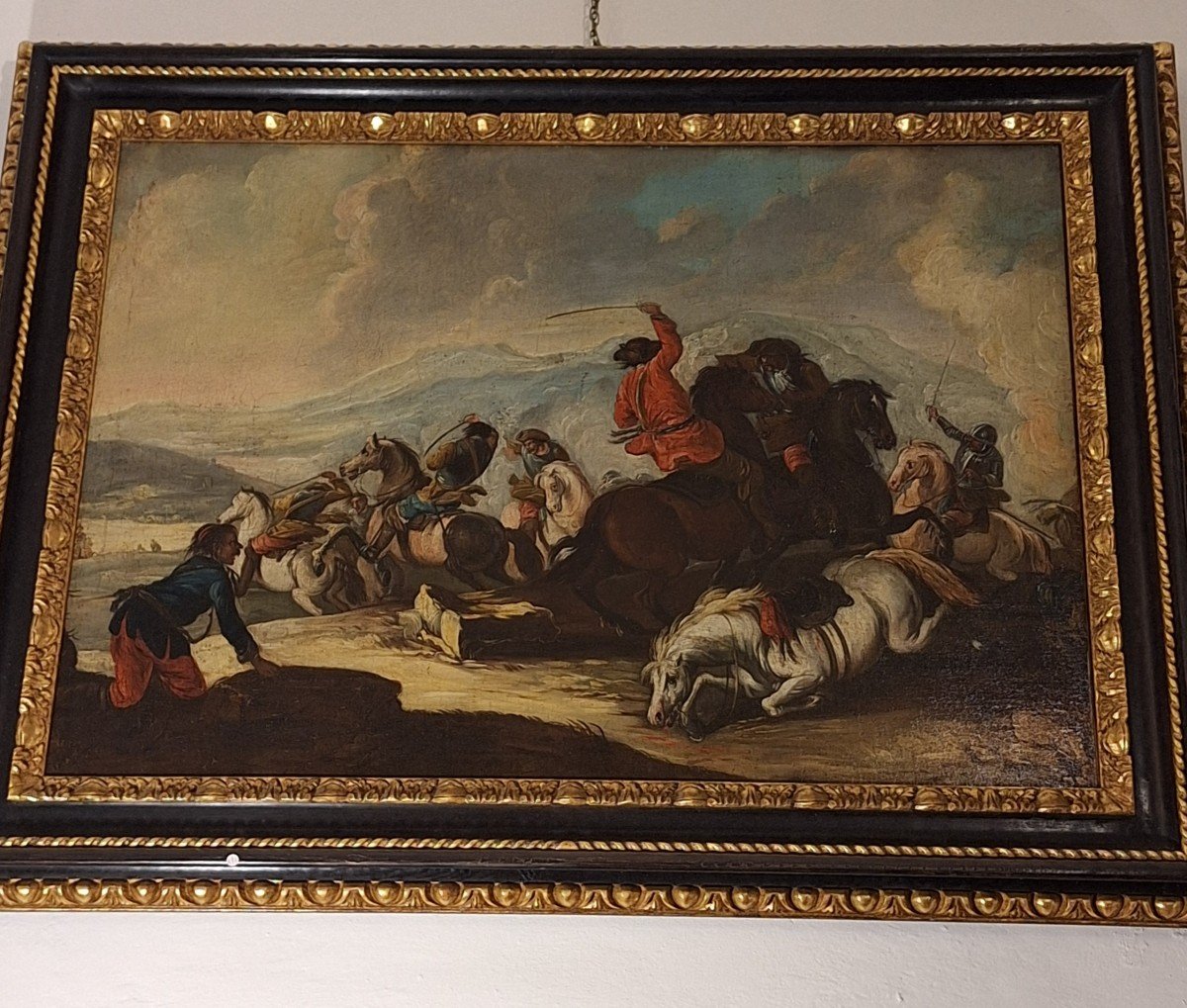 Splendid Painting On Canvas Depicting A Battle With A Clash Of Knights.  Francesco Simonini 