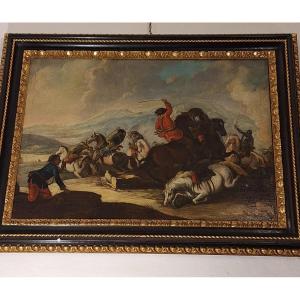 Splendid Painting On Canvas Depicting A Battle With A Clash Of Knights.  Francesco Simonini 