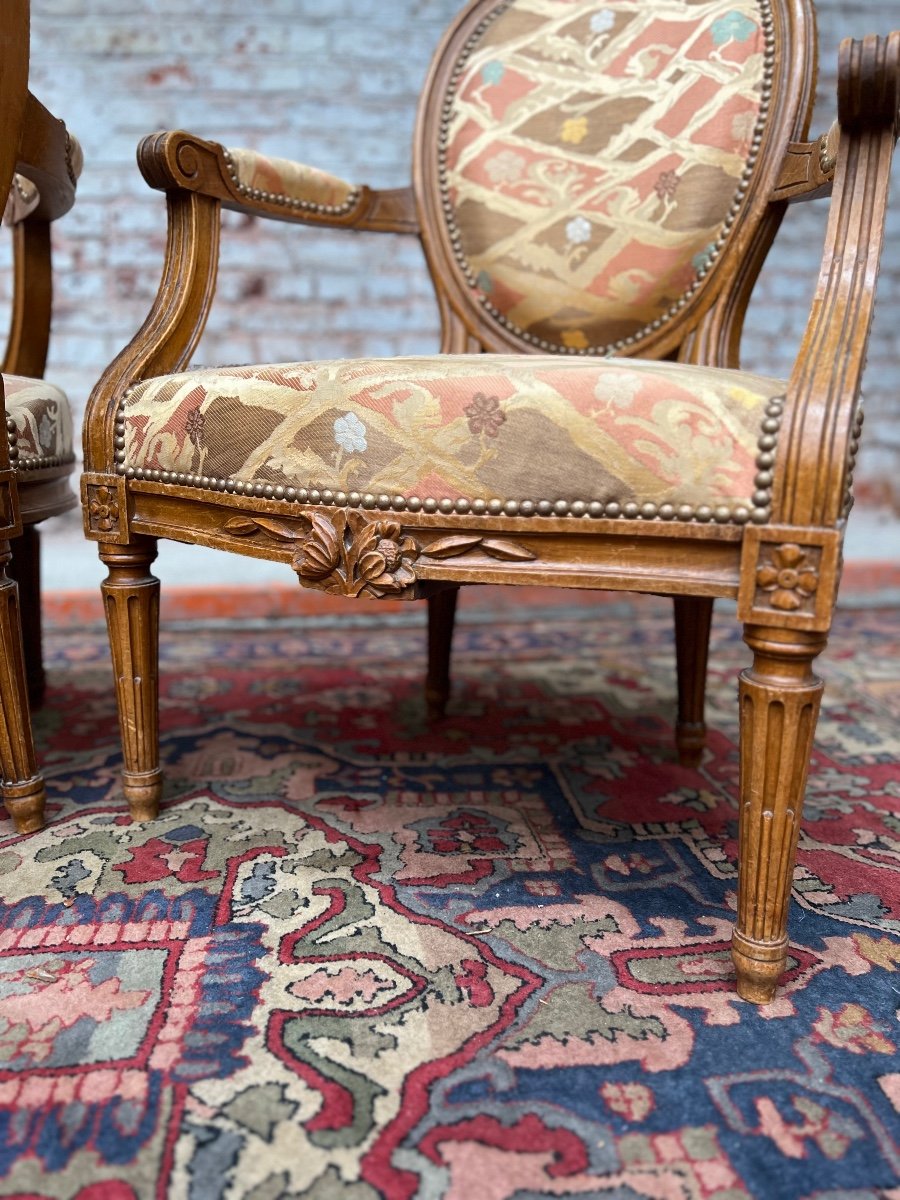 Pair Of Medallion Armchairs In Natural Wood Louis XVI Style-photo-4