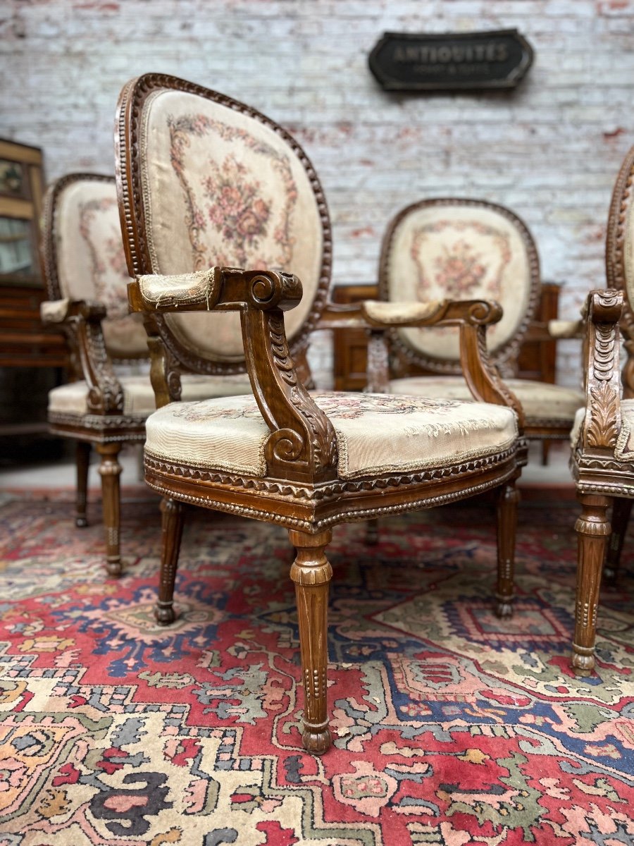 Suite Of Five Armchairs With Medallion Backrest Louis XVI Style-photo-5