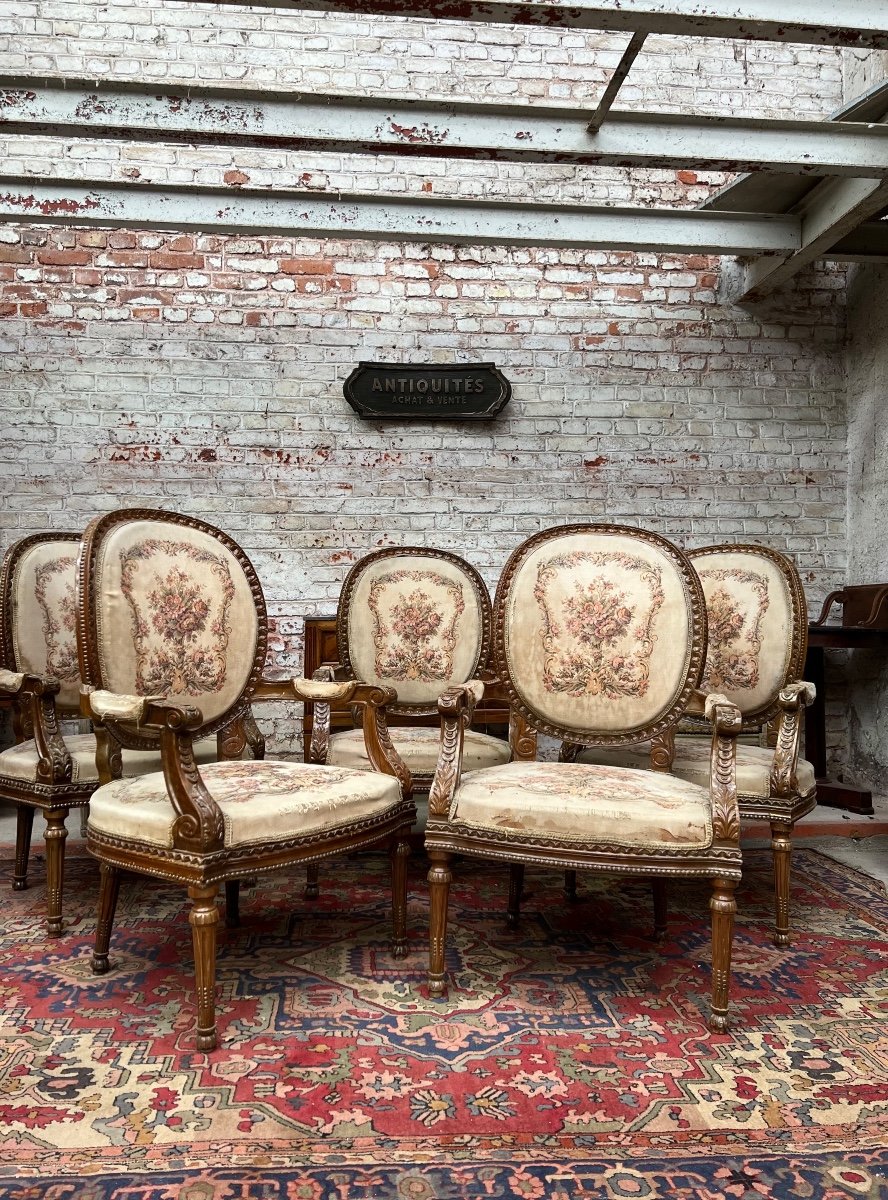 Suite Of Five Armchairs With Medallion Backrest Louis XVI Style