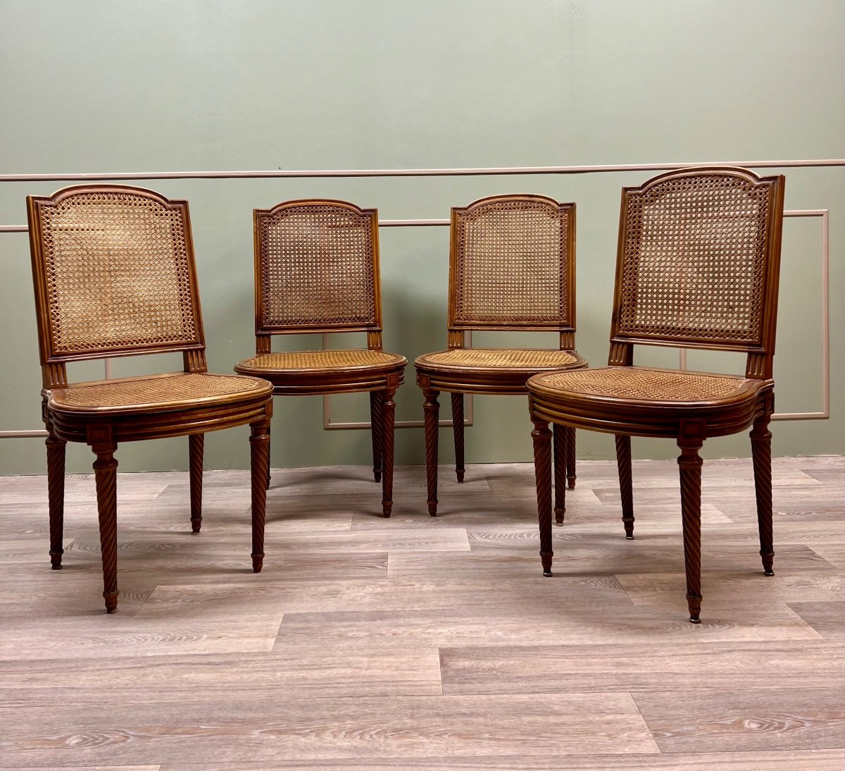 Suite Of Four Cane Chairs In Louis XVI Style Natural Wood-photo-2