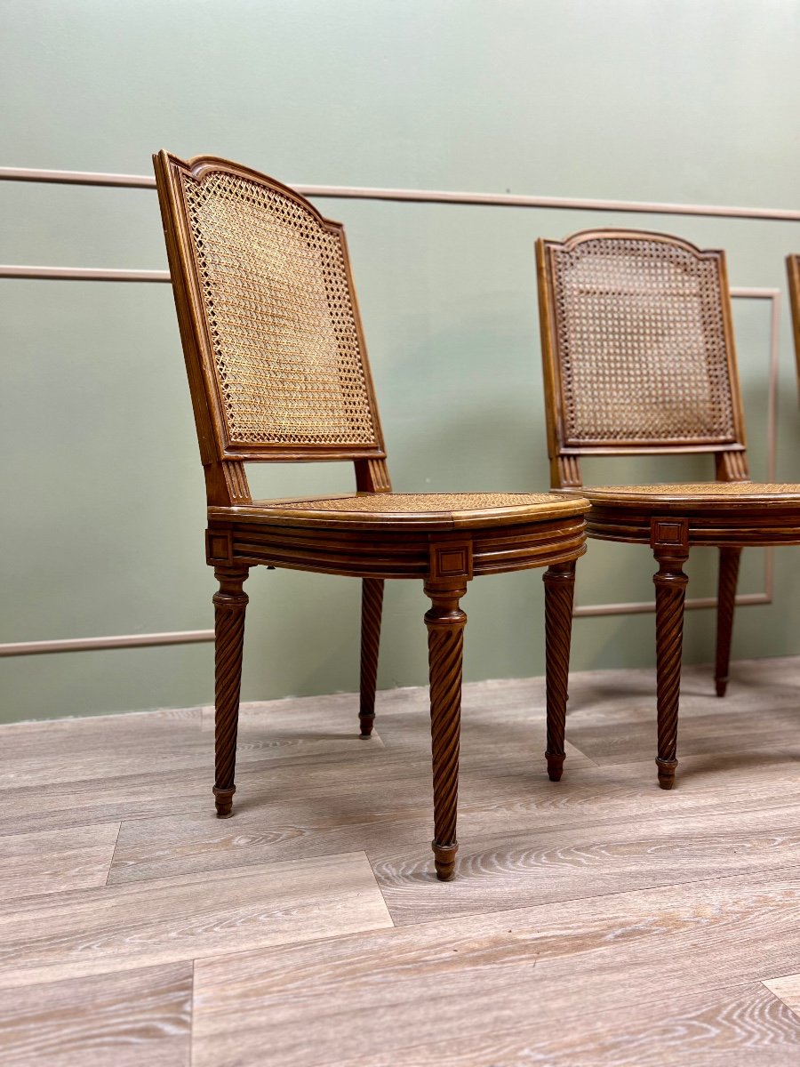 Suite Of Four Cane Chairs In Louis XVI Style Natural Wood-photo-3