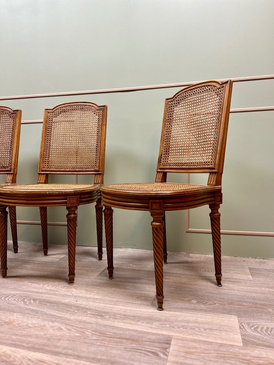 Suite Of Four Cane Chairs In Louis XVI Style Natural Wood-photo-4