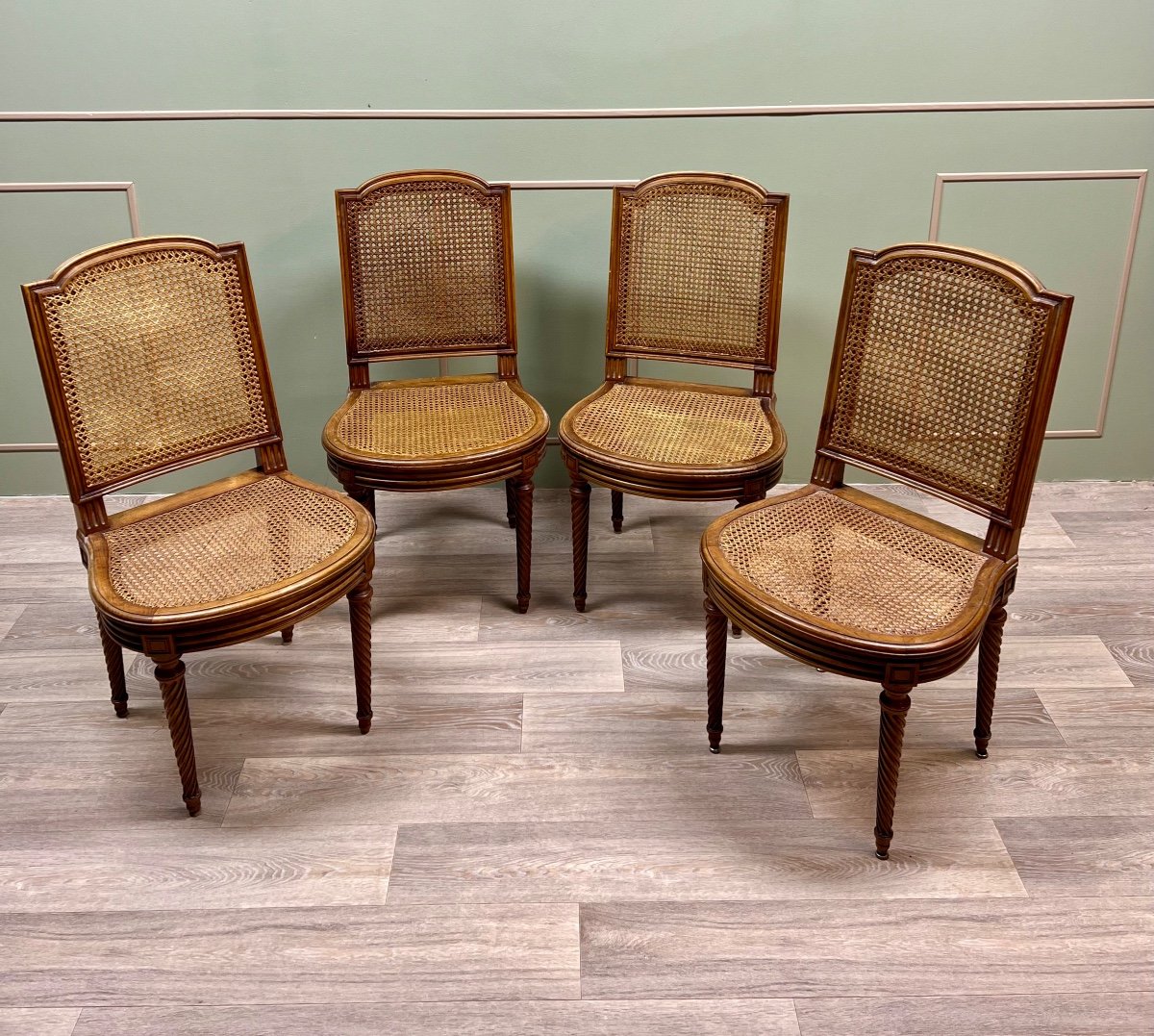 Suite Of Four Cane Chairs In Louis XVI Style Natural Wood-photo-1