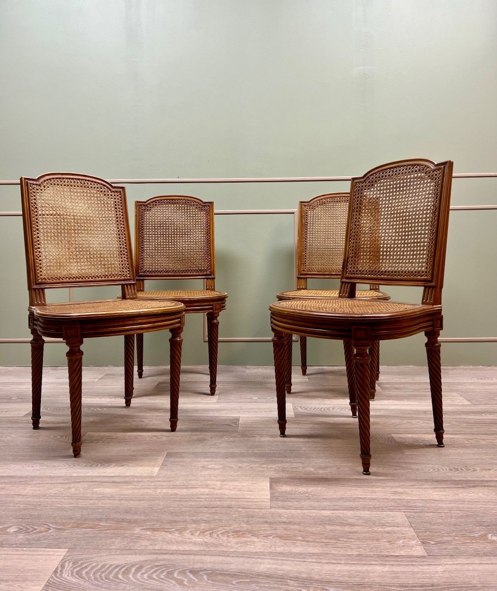 Suite Of Four Cane Chairs In Louis XVI Style Natural Wood-photo-3