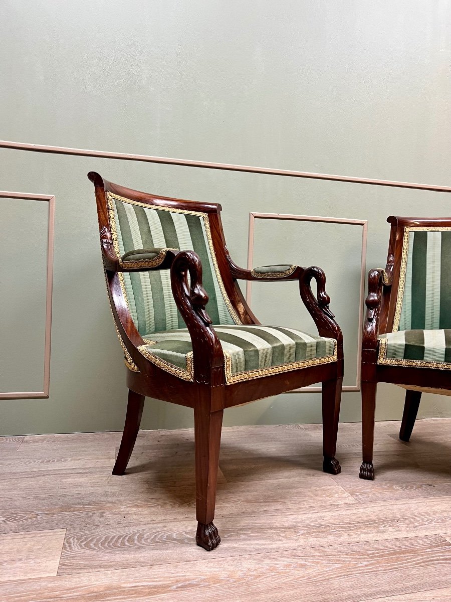 Pair Of Mahogany Armchairs With Swan Necks In Empire Style 19th Century -photo-2