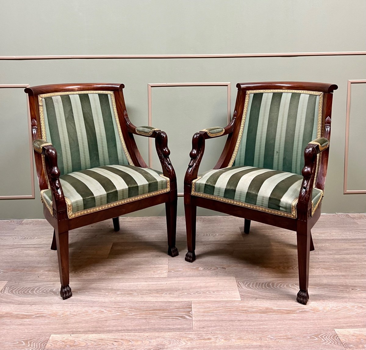 Pair Of Mahogany Armchairs With Swan Necks In Empire Style 19th Century -photo-3