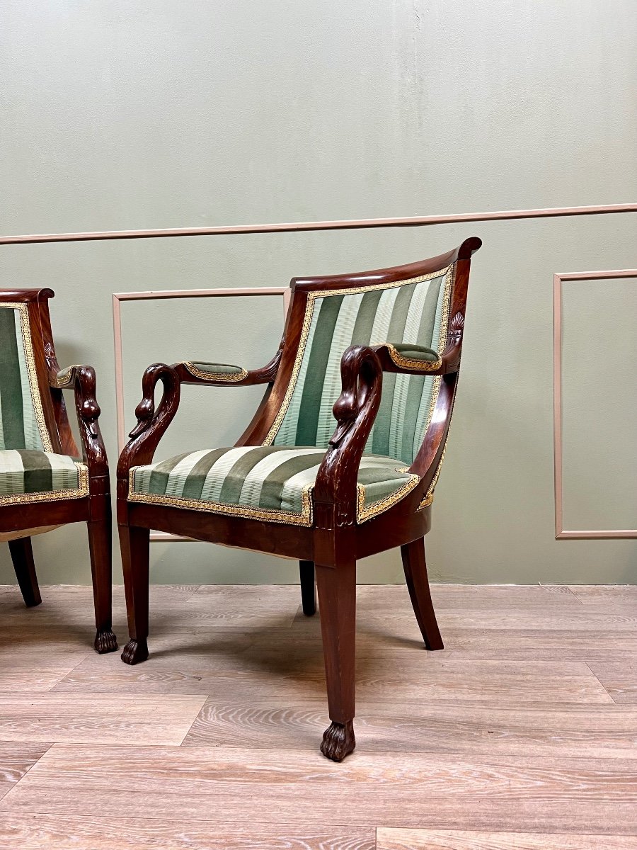 Pair Of Mahogany Armchairs With Swan Necks In Empire Style 19th Century -photo-4