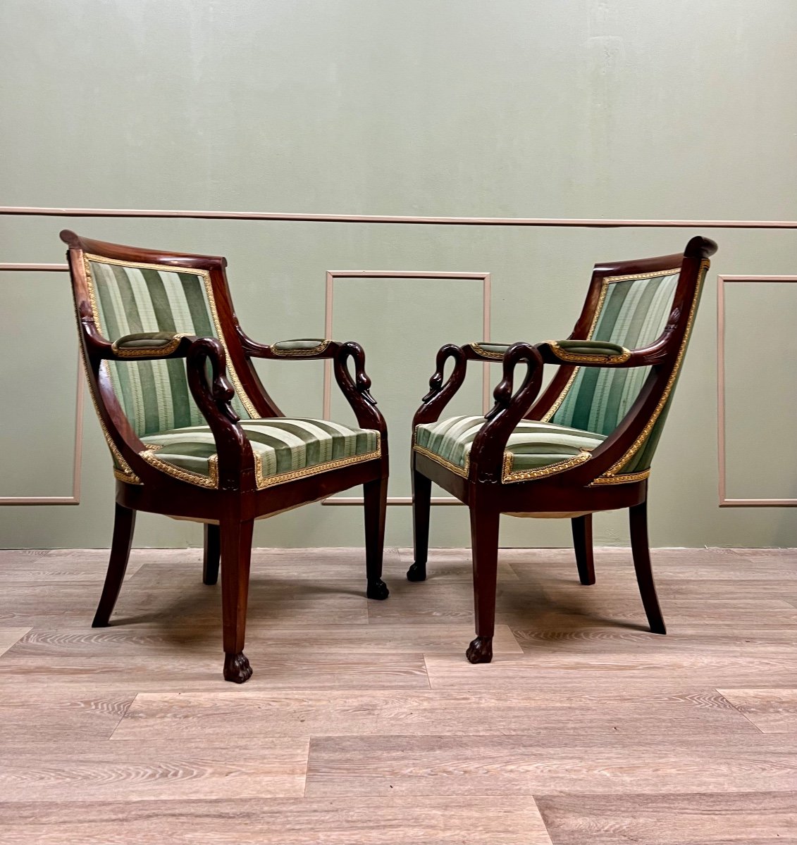 Pair Of Mahogany Armchairs With Swan Necks In Empire Style 19th Century -photo-2