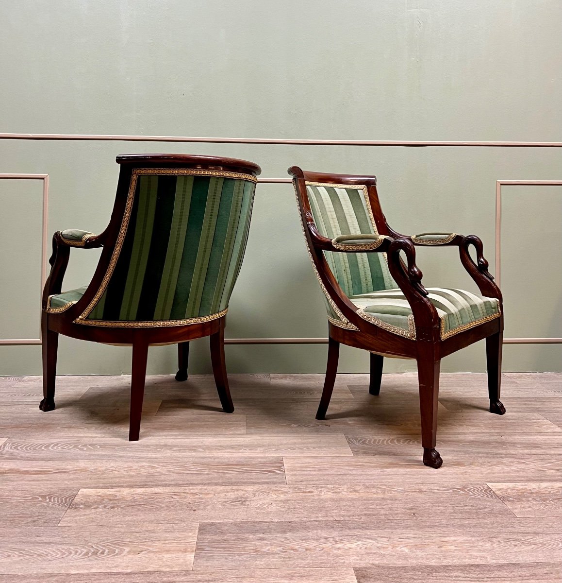 Pair Of Mahogany Armchairs With Swan Necks In Empire Style 19th Century -photo-3