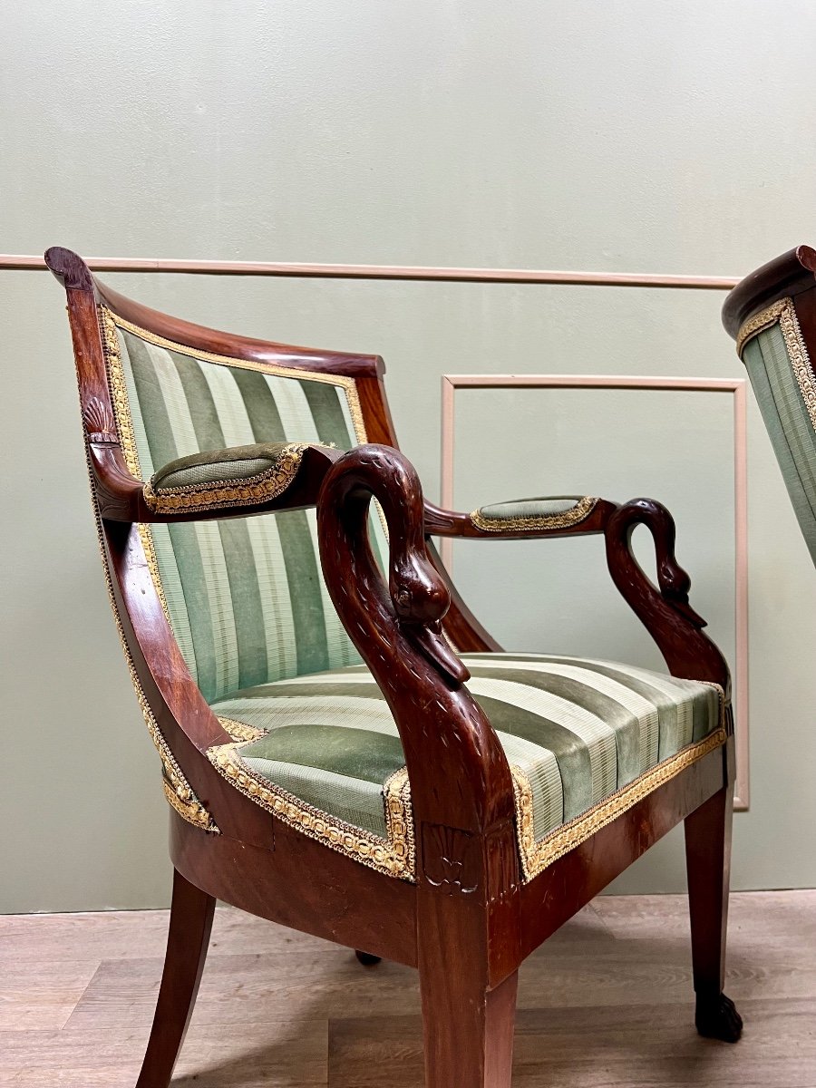 Pair Of Mahogany Armchairs With Swan Necks In Empire Style 19th Century -photo-5