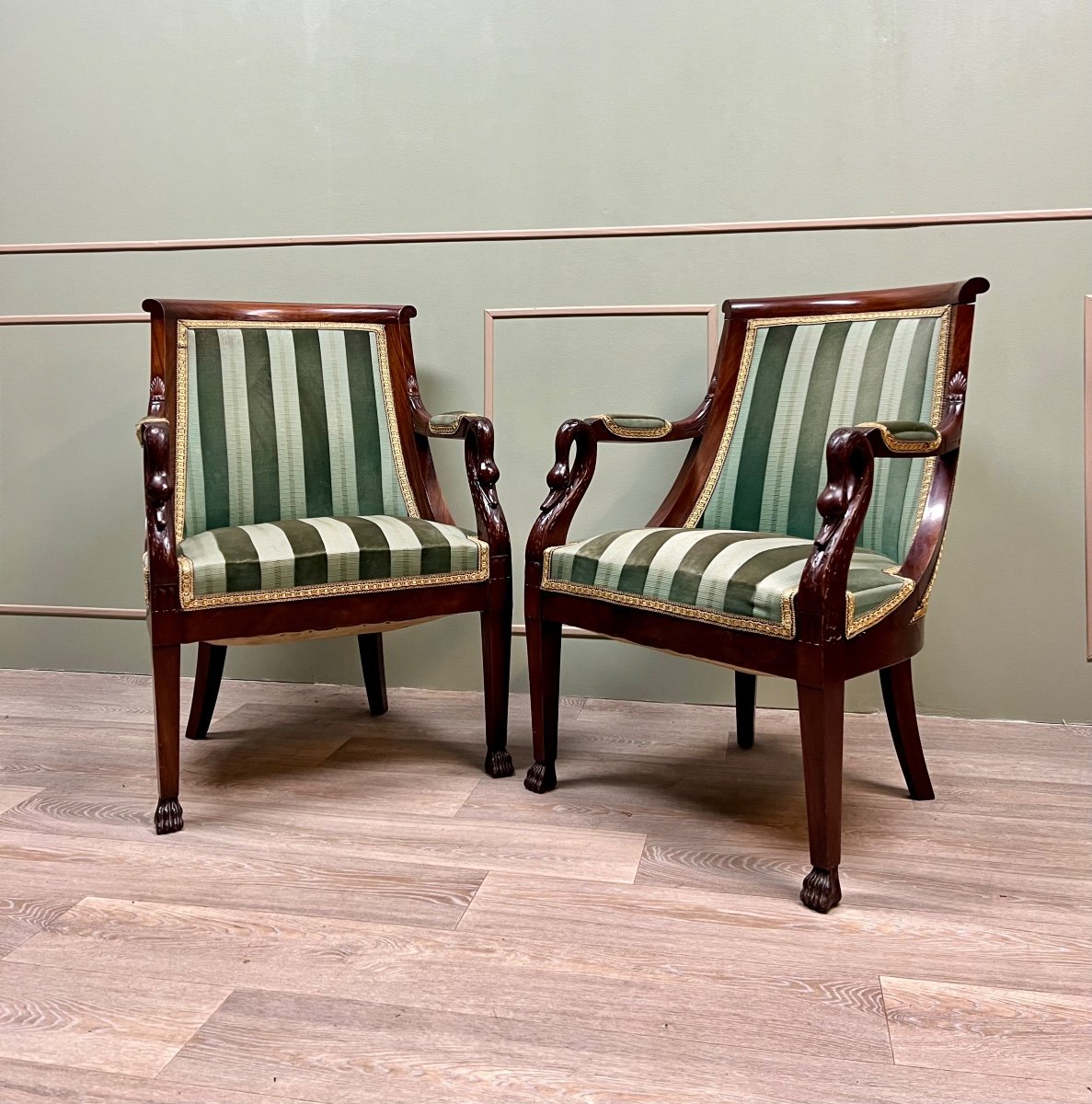 Pair Of Mahogany Armchairs With Swan Necks In Empire Style 19th Century -photo-6