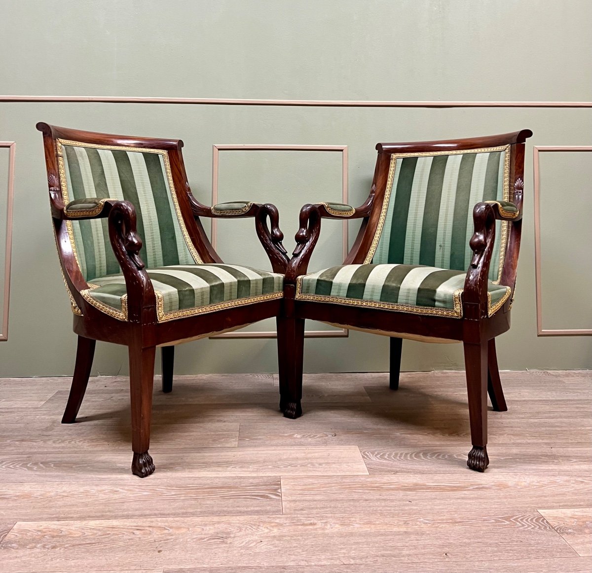 Pair Of Mahogany Armchairs With Swan Necks In Empire Style 19th Century 