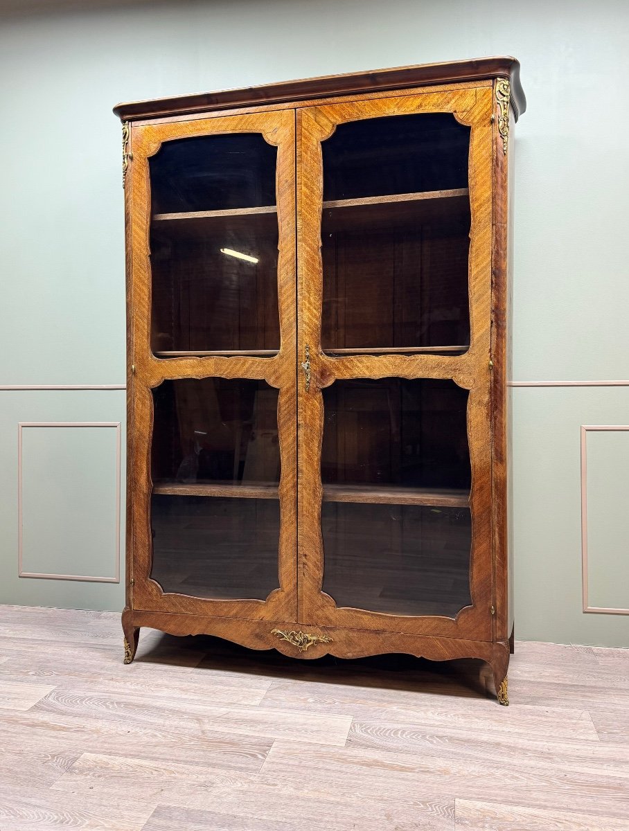Louis XV Style Marquetry Glass Bookcase XIX Eme Century 