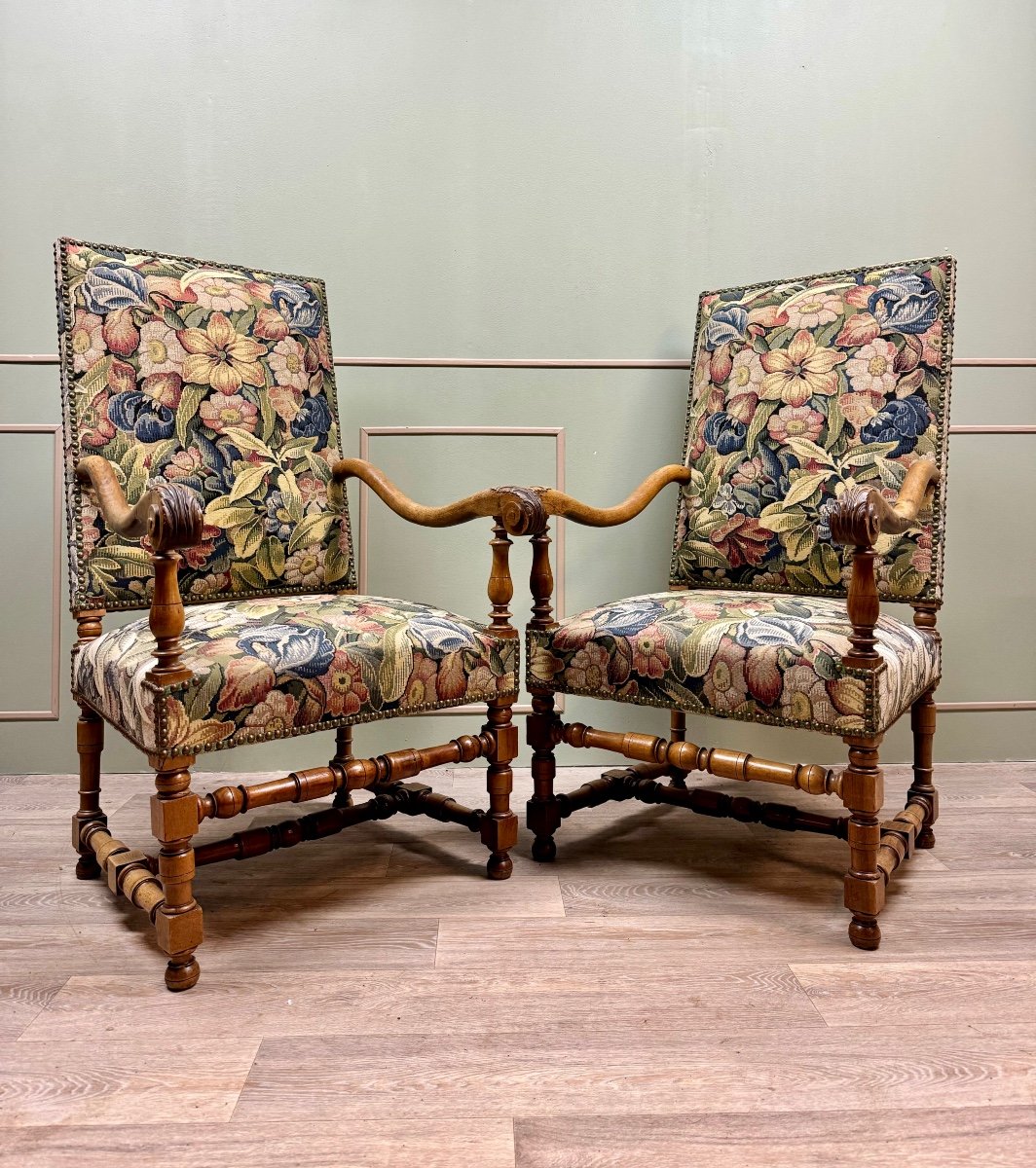 Pair Of Louis XIII Style Walnut Armchairs XIX Eme Century 