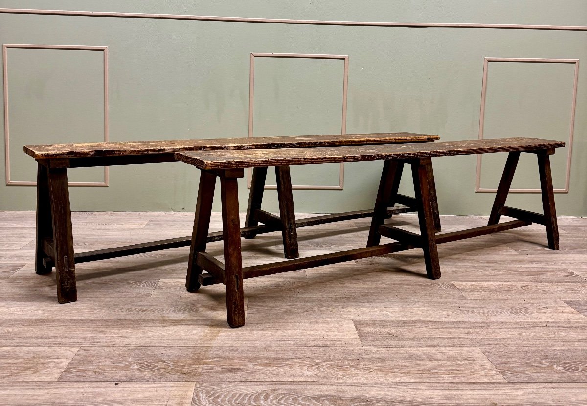 Pair Of Benches In Natural Wood From The 19th Century -photo-3