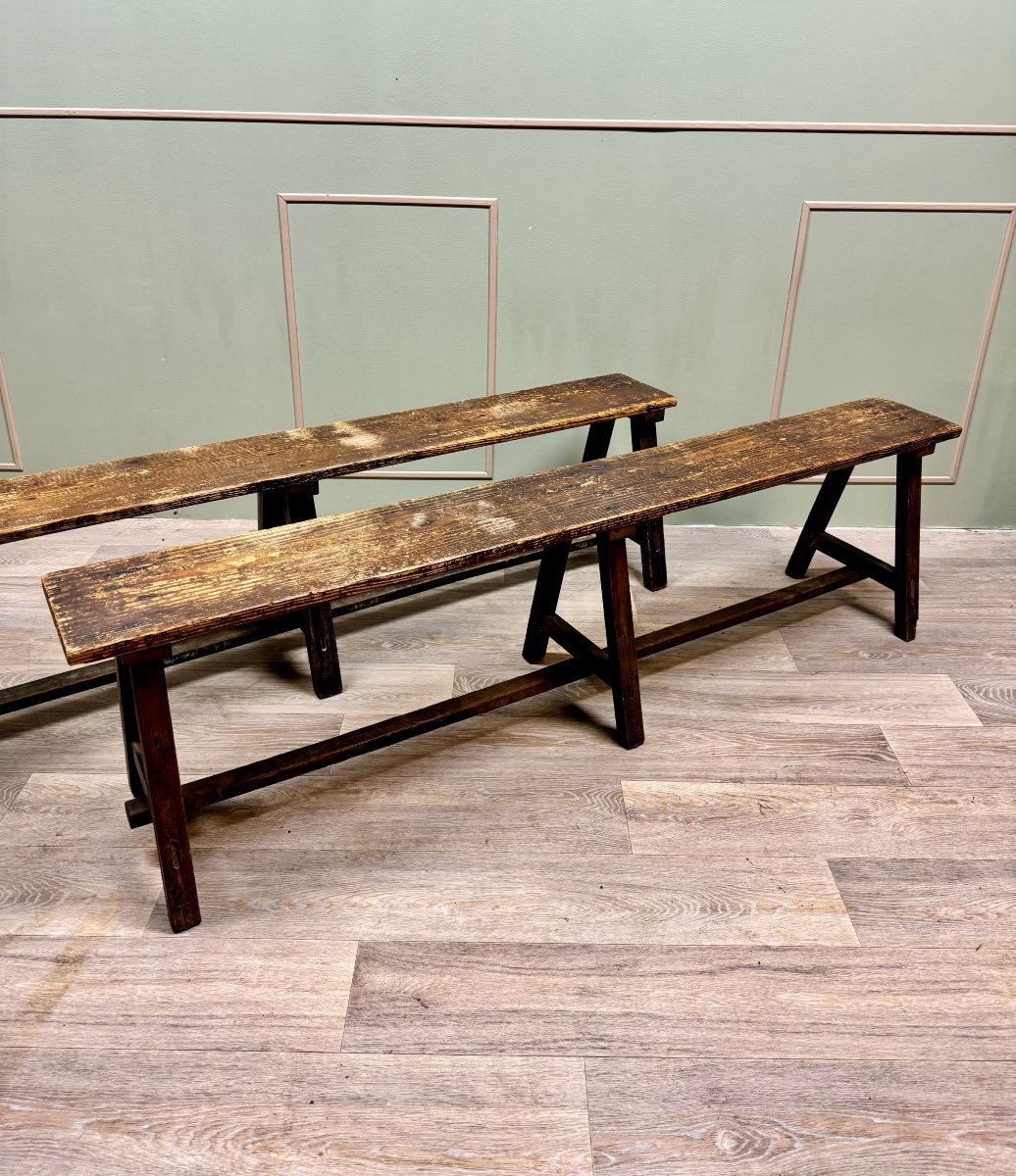 Pair Of Benches In Natural Wood From The 19th Century -photo-1