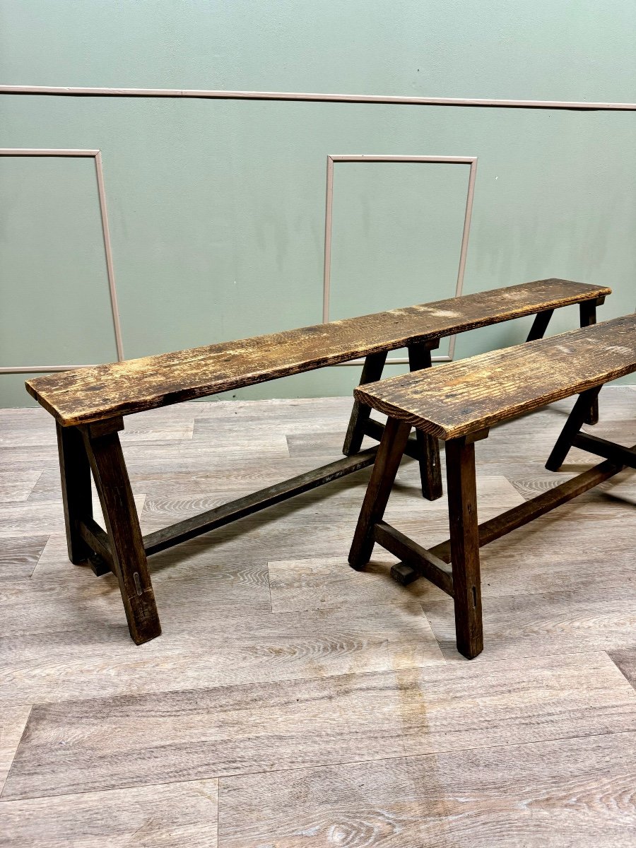Pair Of Benches In Natural Wood From The 19th Century -photo-2