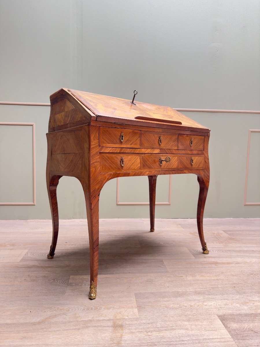 Carel Jacques-philippe  Bureau De Pente Galbé En Marqueterie D’époque Louis XV Estampillé -photo-3