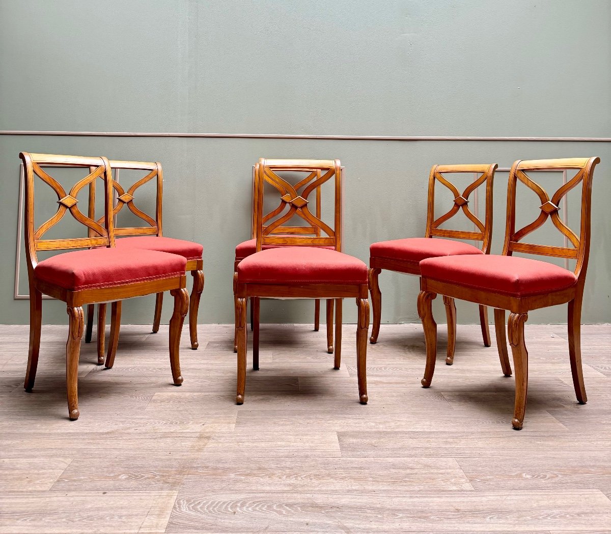 Suite Of Six Chairs In Cherrywood Cross Backrest Restoration Style 20th Century -photo-3